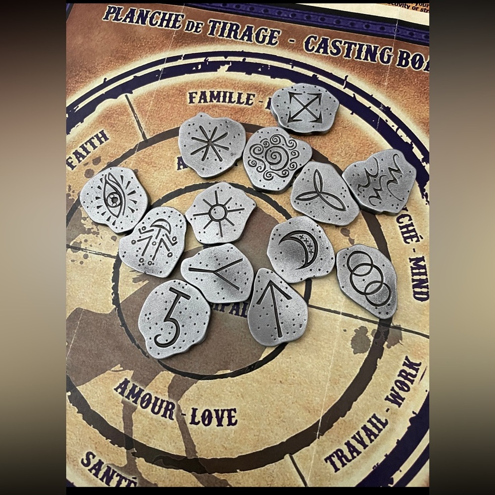 Handmade Pewter Witches Divination Runes + Casting Board in English and Français